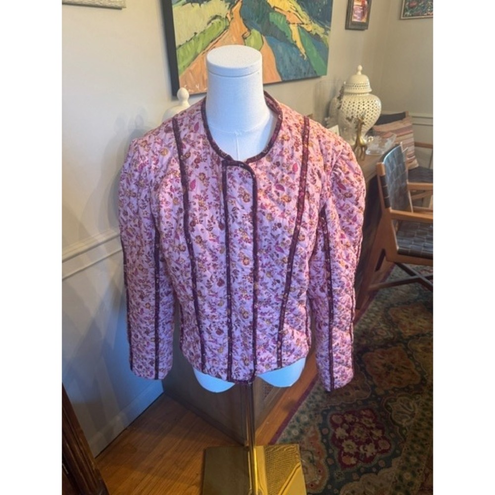 Avec Les Filles Pink Floral Quilted Jacket Velvet Trim Puff Shoulder Size Large